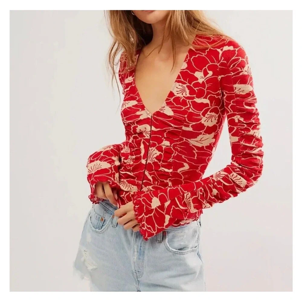Free People Through The Meadow Top S/M Mesh Floral Print Long Sleeve Corset